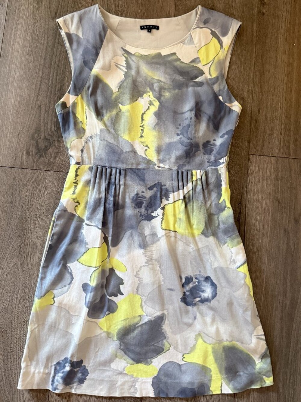 Theory Grey Yellow Watercolor Floral Sheath Dress Size 4